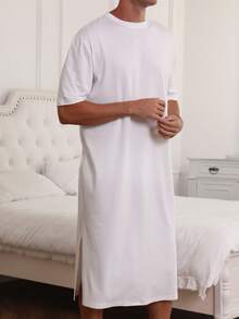 Pijama ligero de una sola pieza de manga corta y color bliso sólido para hombres, primavera/verano - Blanco - Ver 5