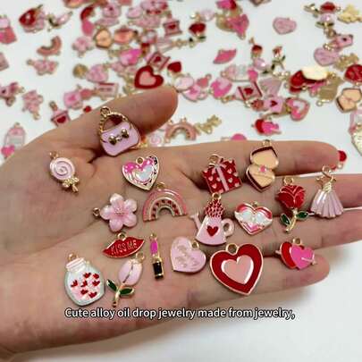 20/50个装浪漫粉色爱心蝴蝶结蛋糕花吊坠，适合DIY珠宝制作、工艺装饰，随机混装发货