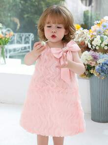 Baby Girls' Bow Tie Pink Dress With Ruffled Mesh, Hand-Beaded Elegant Party Princess Dress, Suitable For Baby's 1st Birthday Gift, Wedding Flower Girl, Festival Celebration - Pink - View 6
