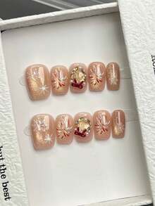 10pcs Handmade Nails Square Nails Acrylic Press On Nails Short, Minimalism Pink Nails, Flashy Gold Cateye, Fireworks Snow Pattern, 3D Bow Inlaid, Simple Elegant Luxury Handcrafted Nails Autumn Nails, Fall Press On Nails, Cute Aesthetic, Versatile Nails DIY False Nail Art Party Daily & Dating Use Beach Tropical Getaway Suitable Reusable, For Women & Girls As Gift Nail Supplies - Pink - View 10