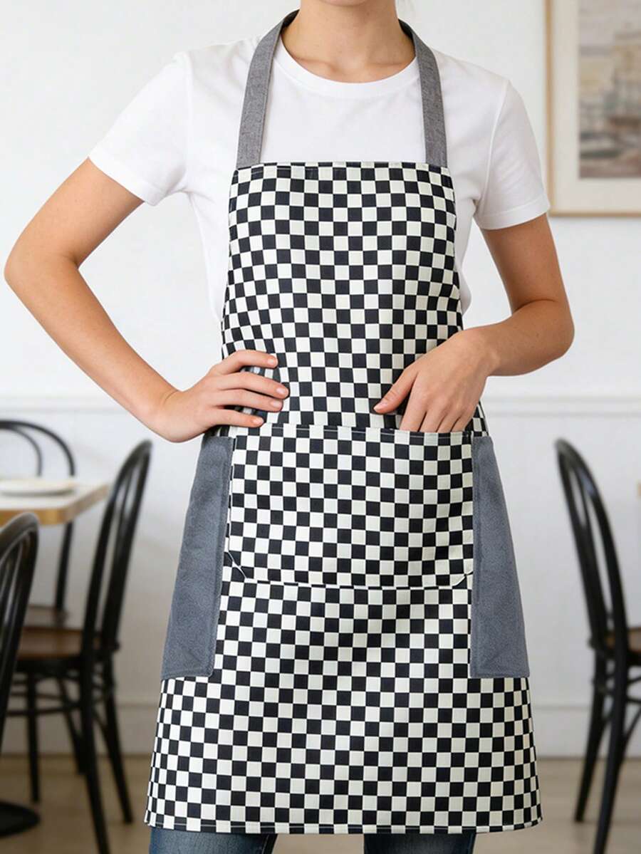Sleeveless Apron With Large Pocket,Waterproof,Plaid Design,Easy To Clean,Perfect For Home - 黑色 - 查看 1