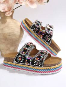 2025 Spring/Summer New Women's Sandals, Double Strap With Rhinestones, Fashionable Thick Sole Slippers, Random Floral Patterns, Essential For Vacation & Beach, Suitable For All-Day Wear - Black - View 7