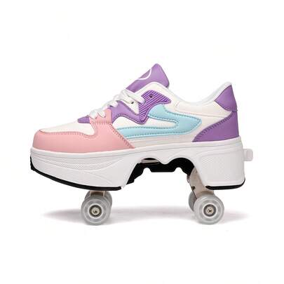 PHTEER Students Wheeled Roller Skate Shoes, With Retractable Wheel Button, 4 Wheels Auto Retractable, Comfortable, Suitable For Youth & Adults Outdoor Sports