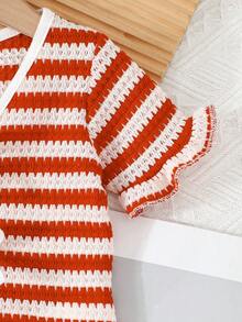 两件套女婴条纹蝴蝶结上衣和简约长裤优雅时尚套装 - 紅色 - 查看 4