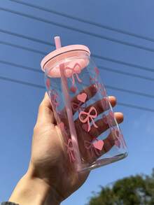 16盎司优雅粉色塑料杯，复古粉色蝴蝶结设计水瓶 - 非常适合盛装冰咖啡、果汁、冰沙和汽水，复古饮水容器，适合女性和女孩，是夏季户外活动、海滩、婚礼、办公室等场合的必备单品。 - 粉色 - 查看 2