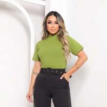Blusas T-shirt Gola Alta Blusa  Feminina Gola Alta em Ribana Camiseta básica 100% Algodão Premium - Verde Pistache - Visão 4