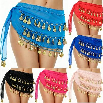 镶有硬币和亮片的肚皮舞腰链，金属质感臀巾，适合初学者，闪亮肚皮舞配饰，可用于练习和表演