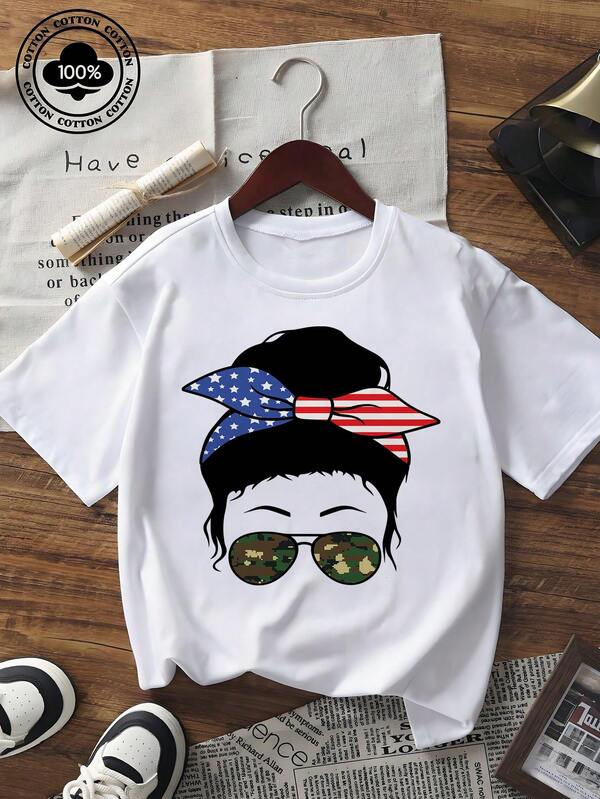 Women's Short Sleeve Graphic Tee American Flag Bow Messy Bun Girl Camouflage Sunglasses Print Crew Neck Casual T-Shirt Summer Daily Wear Top