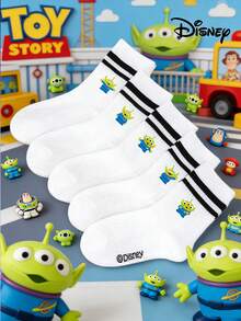 1/5 Pair Disney Toy Story Alien Print Breathable & Comfortable Mid-Calf Socks, Cartoon Character Socks For Boys & Girls, Thin Style For Spring & Summer - Multicolor - View 1