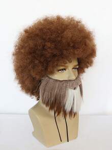 80年代画家卷发小丑棕色爆炸头假发及棕色带白色斑块胡须套装，男女通用 - 迪斯科嬉皮士服装、美术老师角色扮演、复古趣味派对装扮、男女通用中长高蓬松卷曲假发带刘海，适合节日、日常派对、圣诞节装饰、趣味卷曲耐热合成假发带胡须，适合动漫迷生日礼物 - 彩色 - 查看 3