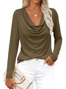 Womens Spring Tops 2026 Dressy Cowl Neck Long Sleeve Shirts Loose Business Casual Blouses Teacher Tunic Top - 酒紅色 - 查看 9