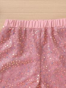 2pcs/Set Girls' Fashionable Elegant Ruffle Blouse And Beaded Shorts Set, No Belt, Summer