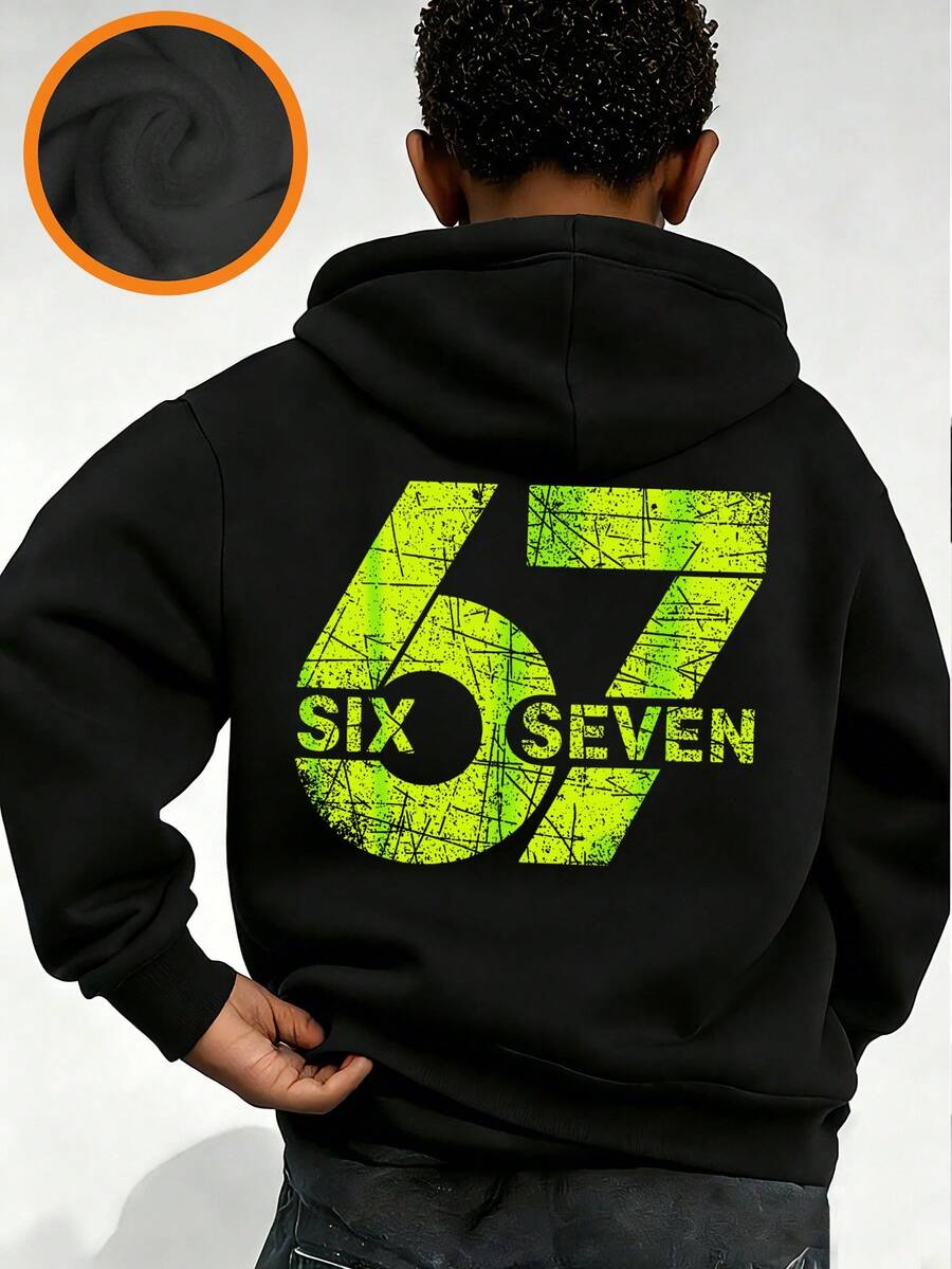 Tween Boy Graphic Print Fleece Lined Pullover Sweatshirt Sweatshirt, Warm & Comfortable For Autumn/Winter - Black - View 1
