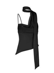 Women's Sexy Spaghetti Strap Strap Camisole Top, Solid Color Knit Fabric Asymmetric/Asymmetric Design For Casual & Date Wear Black - Black - View 6