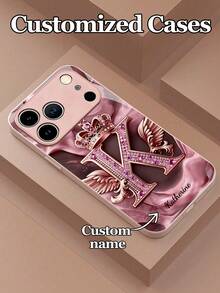 1 pieza Funda de teléfono de vidrio con monograma floral, textura de rosa dorada degradada, con piedras de rhinestone y diseño de texto y letras personalizables, compatible con iPhone, mejor regalo para amigos y familiares - Rosa - Ver 4