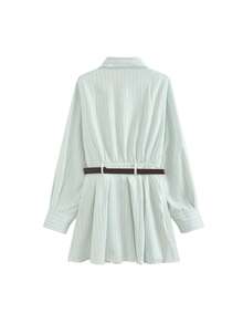 长袖条纹衬衫裙，优雅女装，春夏款 - 薄荷綠 - 查看 5