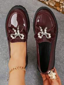 Mocassins de estilo britânico com sola grossa, lançamento da coleção outono 2025, modelo slip-on com laço. - Borgonha - Ver 5