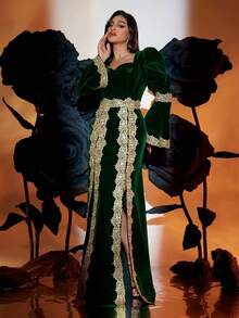 Damen Langes Glockenärmel Einfarbiges Kleid im Arabischen Stil, geeignet für Feiertage, Hochzeiten, Dates, formelle Anlässe, alle Jahreszeiten Frühling - Grün - Übersicht 4