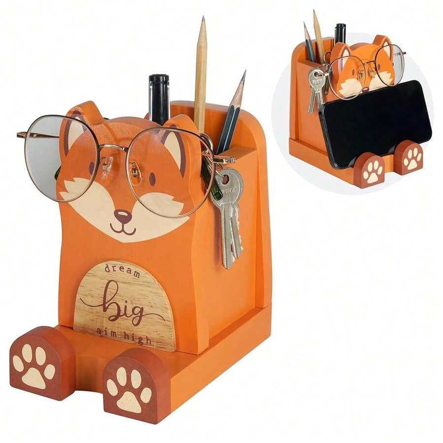 I'm Solid Wood Multipurpose Eyeglass Phone Pen & Pencil Holder Stand Stationery Desk Box Organizer Accessories Decor, Cute Home Office Desktop Decoration Birthday Graduation Gifts Fox Gifts (Fox) - Fox - 查看 1