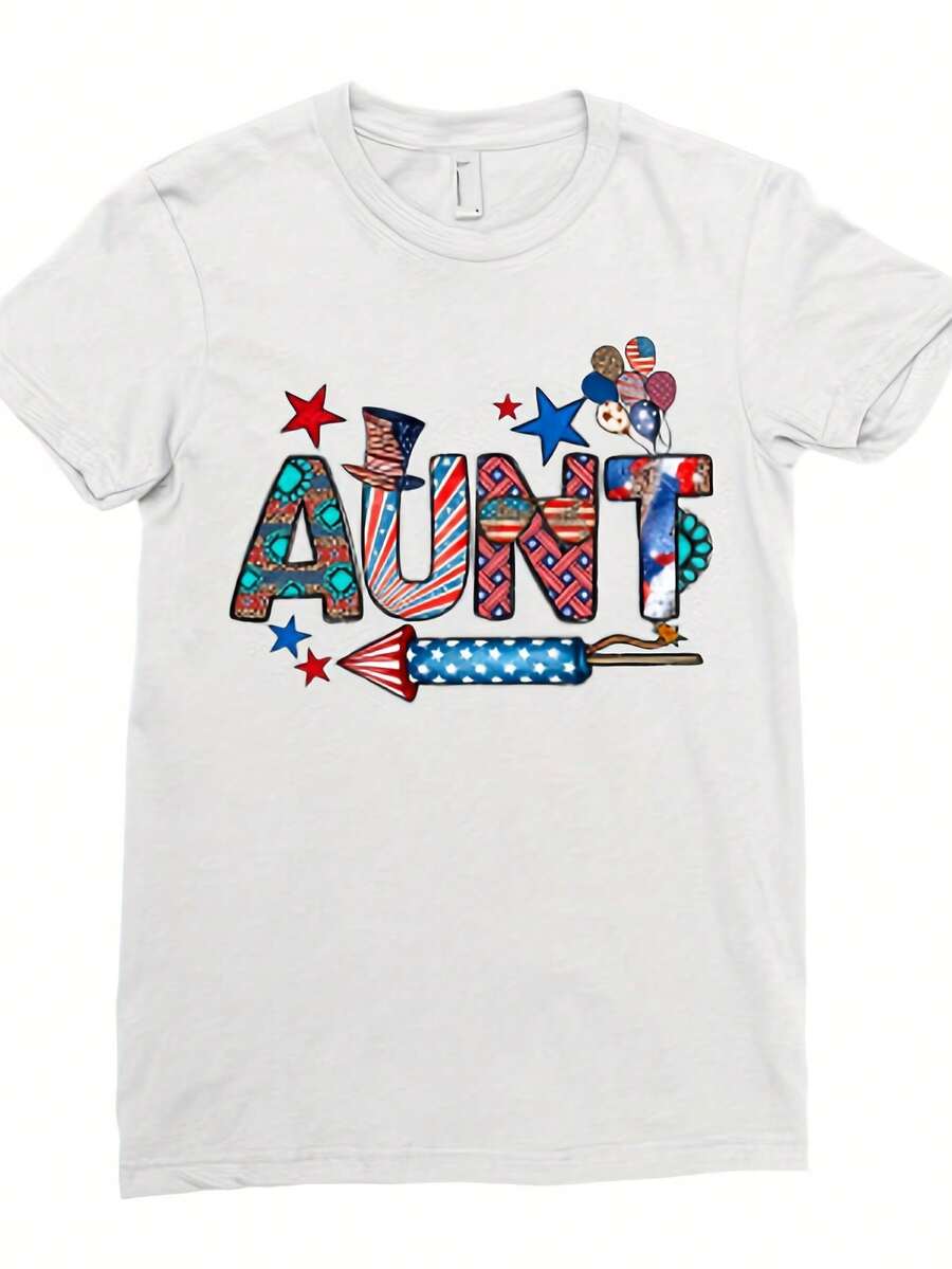 Women Unisex Patriotic Aunt Graphic T-Shirt 4th Of July Flag Design With Fireworks Stars Soft Breathable Lightweight Crew Neck Short Sleeve Red Casual Comfort Fit Machine Washable Aunt Gift For Independence Day Celebrations - White - View 1