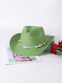 1pc Solid Color Bohemian Casual Straw Gem Cowboy Hat, Beach Vacation Sun Protection Straw Hat, Unisex Versatile For Commuting, All Seasons - C - View 21