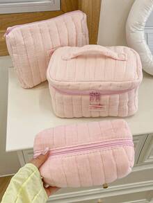 Pink Striped Quilted Makeup Bag Portable Storage Bag With Zipper Handheld Bag Travel Washbag Large Opening Zipper Design Makeup Bag - Pink - View 7