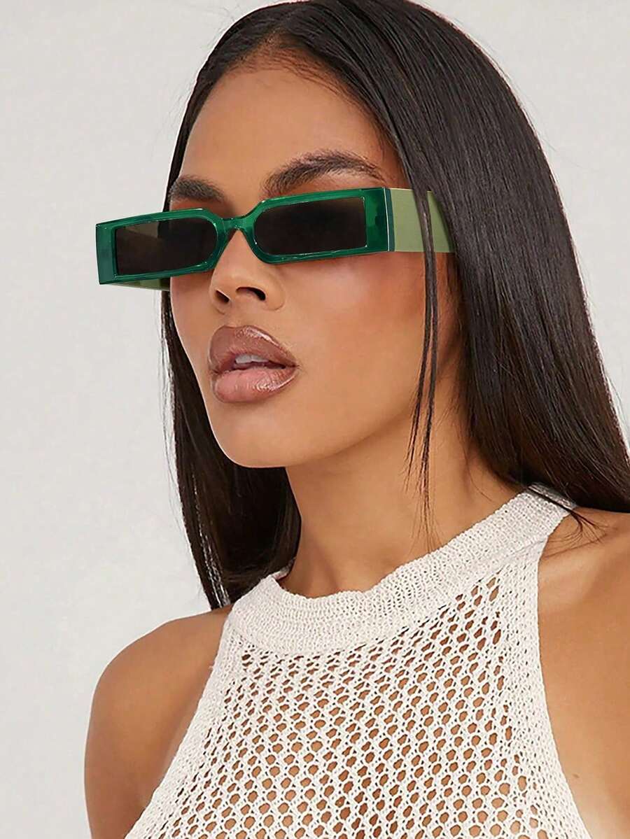 1副女士Y2K绿色聚碳酸酯时尚眼镜，矩形镜框，适合派对佩戴 - 彩色 - 查看 1