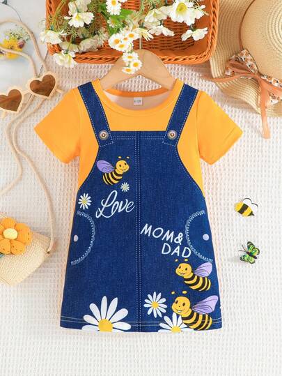 Söt 2-i-1-klänning med bimönster och kortärmad design för flickor, vår-/sommarkläder för utomhusbruk
