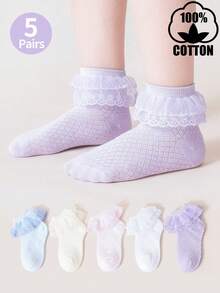 5 Pairs Cotton Lace Trim Mesh Girls Princess Dance Knee High Socks, Spring/Summer - Multicolor - View 10