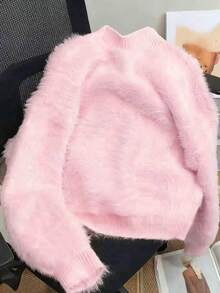 Cardigã feminino em cashmere sintético macio com botões de borboleta, cor sólida, botões frontais e malha canelada rosa. - Rosa - Ver 2