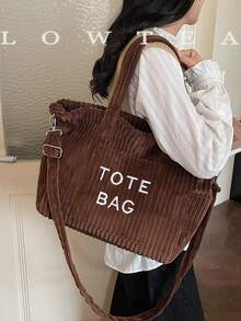 low tea 纯色灯芯绒拉链时尚手提包，饰有刺绣字母，适合女性日常使用 - 可作女士手提包、牛仔手提包、单肩包、斜挎包或托特包，适合上学、办公、旅行等场合。 - 咖啡 - 查看 6