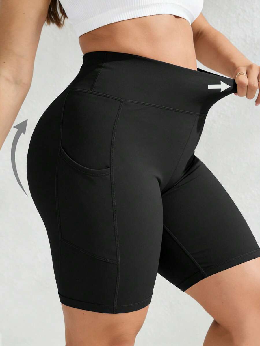 Pantalones cortos elásticos de talla grande para mujer, pantalones cortos deportivos informales de cintura alta con bolsillos laterales, adecuados para gimnasio, ciclismo, correr, pantalones cortos de yoga negros para mujer, primavera/verano