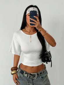 AITYI Studio Women's Top, Well Fit Casual Oblique Shoulder Ruched Waist Fashionable Design Slim Fit Minimalist Elegant Commute Outdoor Versatile Y2K, Beach Party, Back To School, Graduation, Carnival, Easter, Music Festival, Spring/Summer Knit Short Sleeve T-Shirt - White - View 7