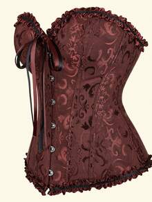 Jutrisujo Corset Tops For Women Overbust Bustier Top Push Lace Up Plus Size Renaissance Victorian Princess - 819-Brown - 查看 2