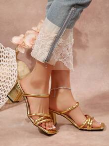 Giày sandal quai mảnh kiểu Pháp cổ điển dành cho nữ, sandal quai ngang gót chunky thanh lịch mới cho mùa hè. - Vàng - Xem 8