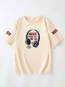 'Music Makes Me High' Headset Graphic Tees Letter Slogan T-Shirt, Round Neck Short Sleeved Women Tops - Apricot - View 2