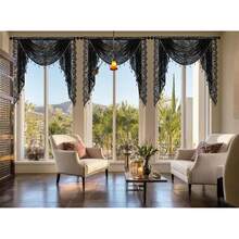Lace Beaded Waterfall Valances For Windows Floral Vintage Swag Valance Sheer Kitchen Window Curtains Over Sink Curtain Valance For Living Room Bedroom Bathroom Cafe (Black,39\X41\) - 黑色 - 查看 6