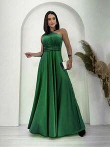 Aghata One Shoulder Long Dress Solid Color Fluity Mesh Elegant Party Fashion Women - 軍綠色 - 查看 1