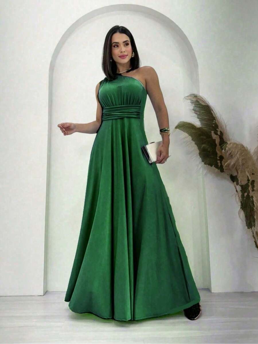 Aghata One Shoulder Long Dress Solid Color Fluity Mesh Elegant Party Fashion Women - 軍綠色 - 查看 1