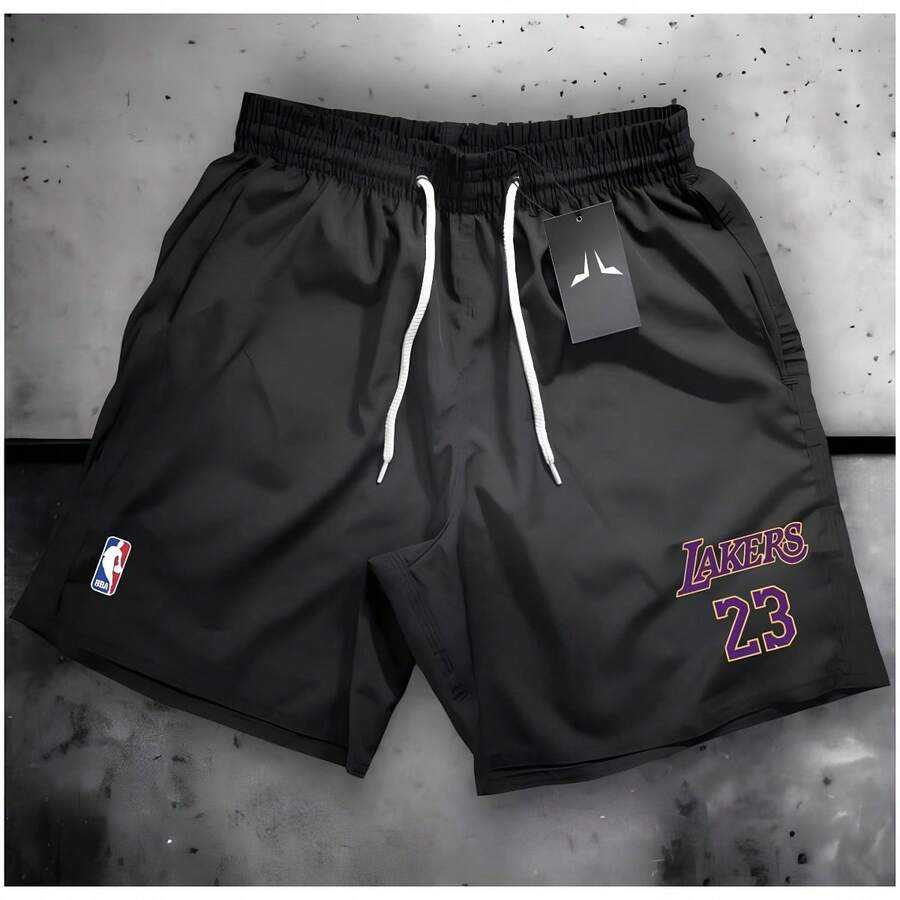 Lakers 23 Men's Basketball Shorts – Black Sporty Tactel Shorts For Beach, Running, And Gym - màu đen - Xem 1