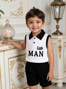 男童简约标语印花 Polo 领背心，适合春夏儿童穿着 - 白色 - 查看 8