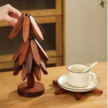 1pc Walnut Tree-Shaped Trivet Set - Natural Wooden Trivet Set - Includes 5 Wooden Trivets And 1 Holder, Foldable Kitchen Wooden Trivet For Hot Dishes, Pots, Bowls, Kettles, Can Be Used As Pot Holder, Coaster, Cup Mat, Tree-Shaped Household Heat Insulation Placemat, High-Quality Coaster, Modern Minimalist Placemat, Christmas Gift - Multicolor - View 4