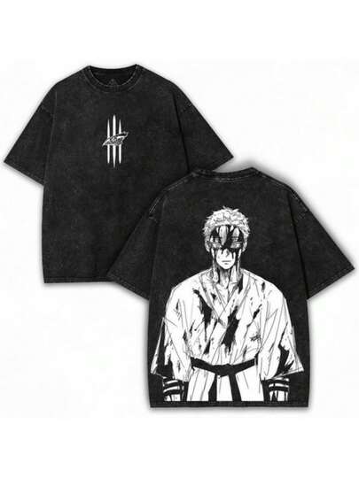 Camiseta de estilo urbano de la marca Washed Street para hombres |     Impresión Frontal y Trasera, Diseño de Personajes y Símbolos de Anime, Estilo Retro de Peso Pesado, Ropa Casual, Regalo Perfecto, Suelto y Cómodo, Transpirable, Lavable a Máquina, Estilo Hip-Hop Cool cosplay