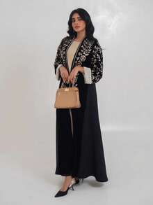 Hafizah 1pc Black Modest Velvet Embroidered Cardigan Abaya Robe - Black - View 7