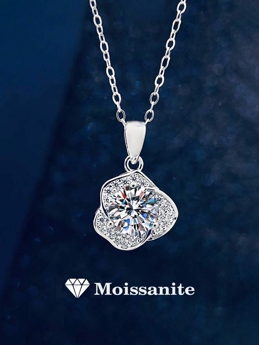 1pc Elegant Luxury 925 Sterling Silver 1 Carat 6.5mm Moissanite Necklace, Suitable For Women's Daily Wear, Party, Vacation, Valentine's Day, Mother's Day, Christmas, Wedding Anniversary, Birthday Jewelry Gift