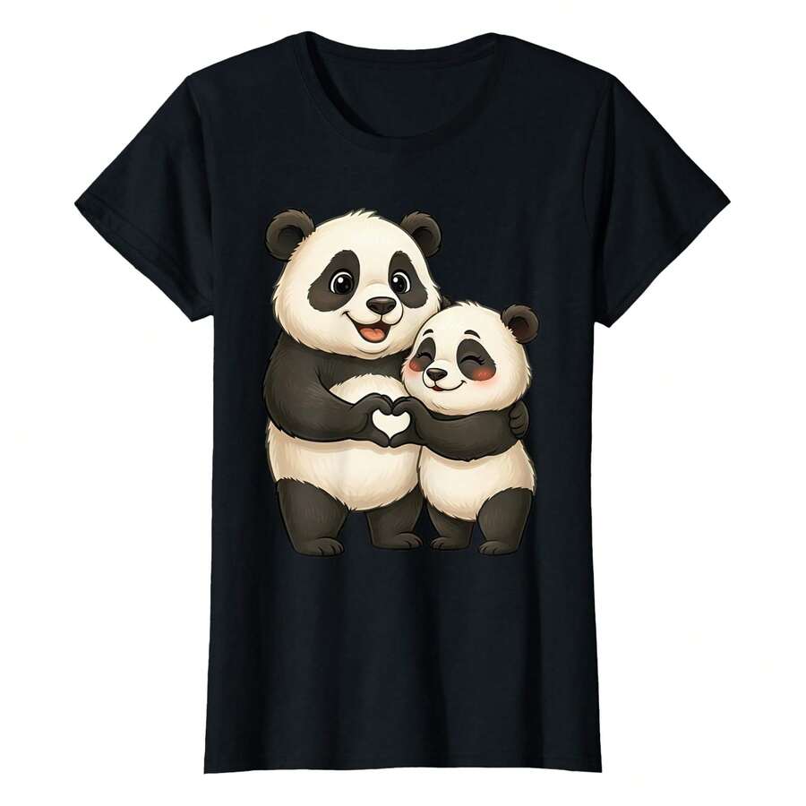 Panda Bear Couple With Heart | Sweet Panda Bear Love Couple T-Shirtbody's Natural Curves Without Clinging, Offering A Balanced Mix Of Comfort And A Polished, Slimming Silhouette For Everyday Wear. - Black - View 1
