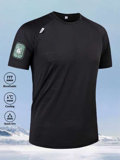 男士夏季黑色打底提花G字Logo短袖T恤，速干透气弹力运动健身上衣