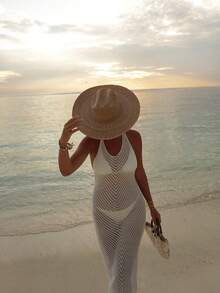 MORI 夏季白色吊带U领镂空针织罩衫连衣裙，女士春夏新款休闲优雅收腰百搭吊带长裙，沙滩度假性感露背派对连衣裙 - 白色 - 查看 2