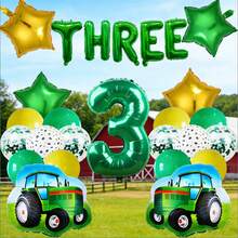 26件套拖拉机主题生日派对用品，包含数字气球、乳胶气球、星星气球和拖拉机图案气球，适合绿色拖拉机主题派对 - 彩色 - 查看 6