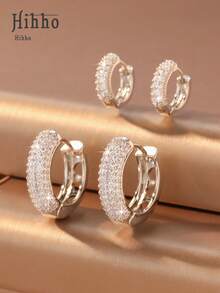 Hihho 4 件/套锆石镶嵌女士耳环，闪亮优雅 18K 镀金经典环状耳环套装 - 金黃色 - 查看 14